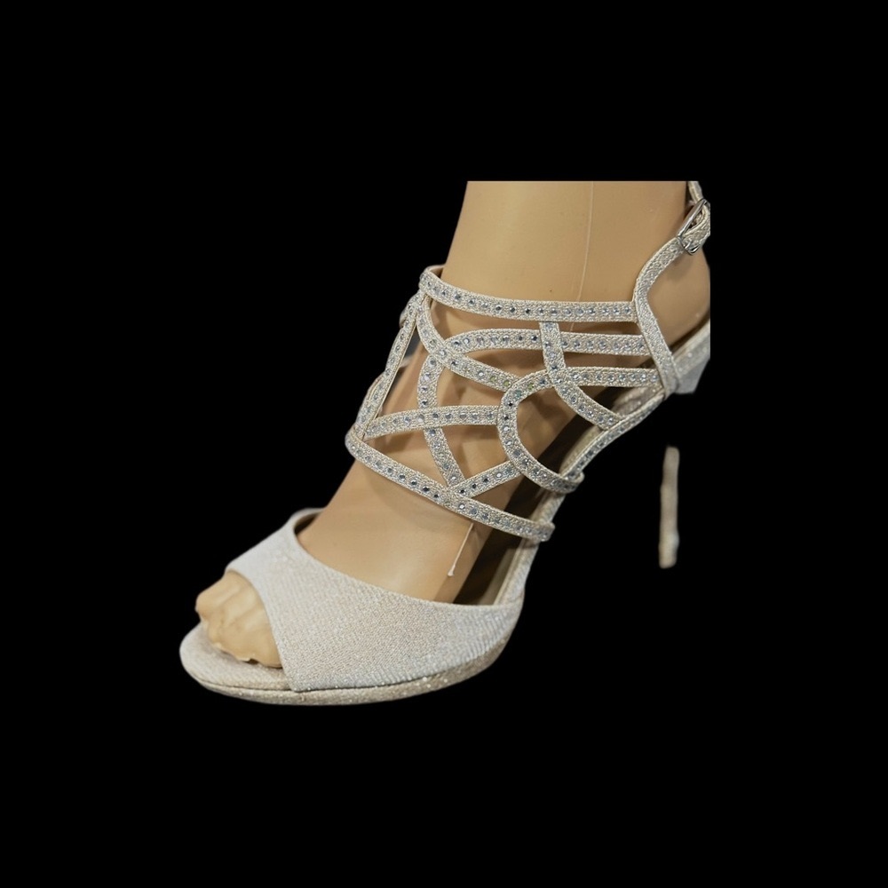 Caparros Gold Silver Rhinestone Open Toe Ankle Strap Strappy 4” Heels Size 7.5 - Picture 15 of 16